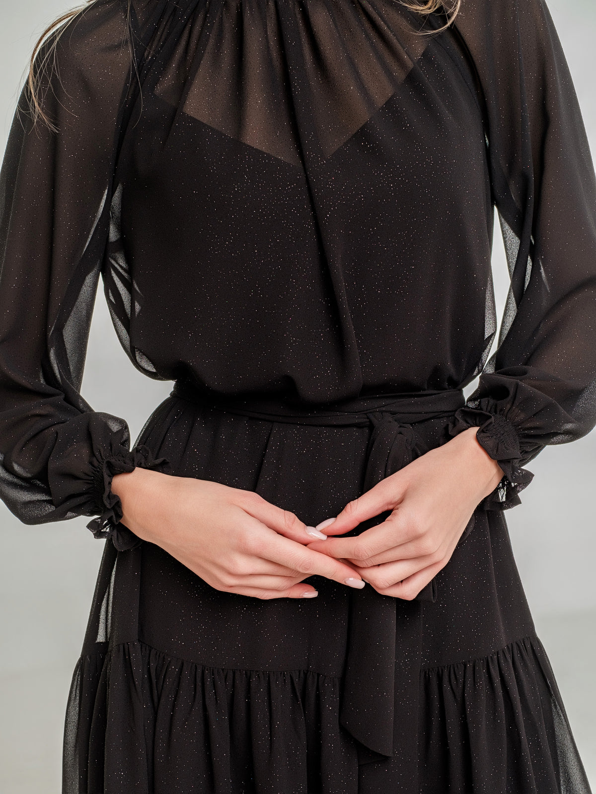 black midi dress with long transparent sleeves zoomed in