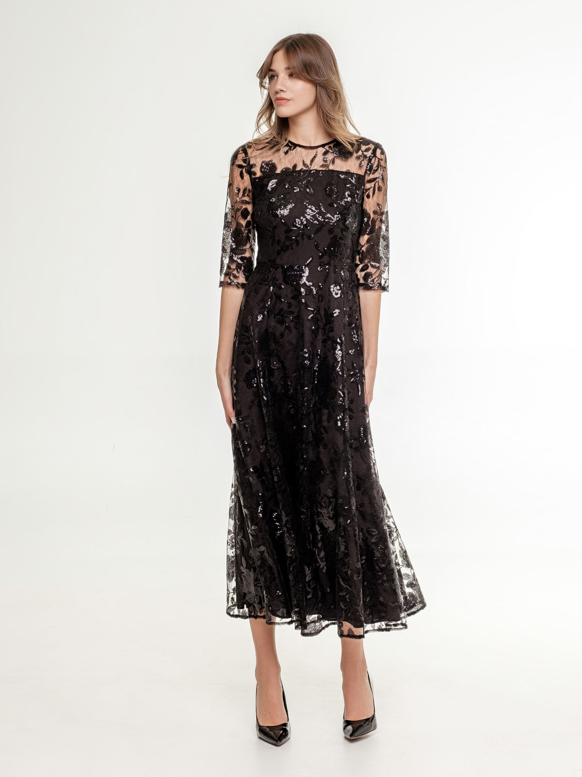 black midi lace dress with premium sequins and flowers