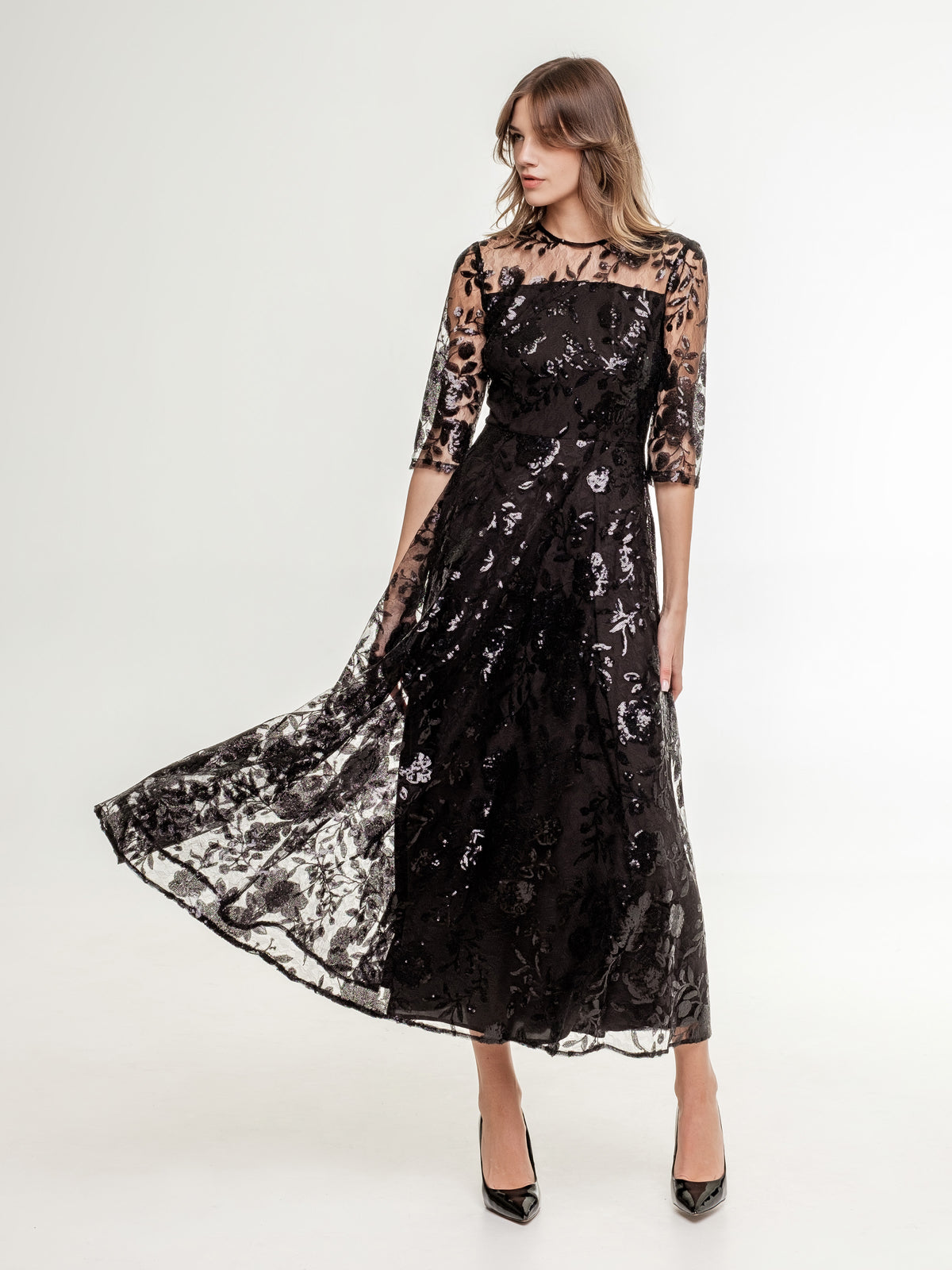 black_midi_lace_dress_with_luxurious_sequins_and_flowers and medium long sleeves top wide skirt