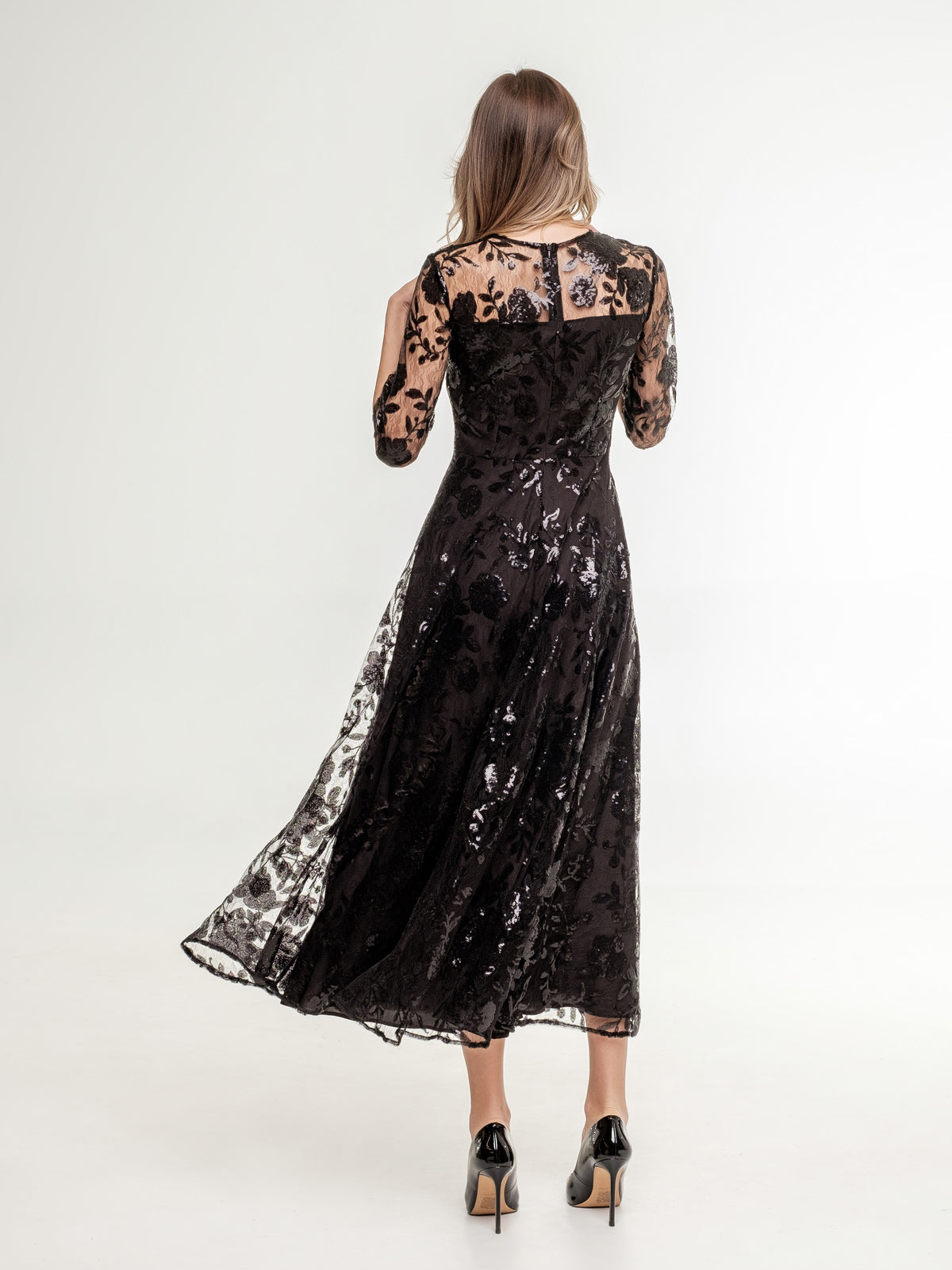 black_midi_lace_dress_with_luxurious_sequins_and_flowers and medium long sleeves with back zipper