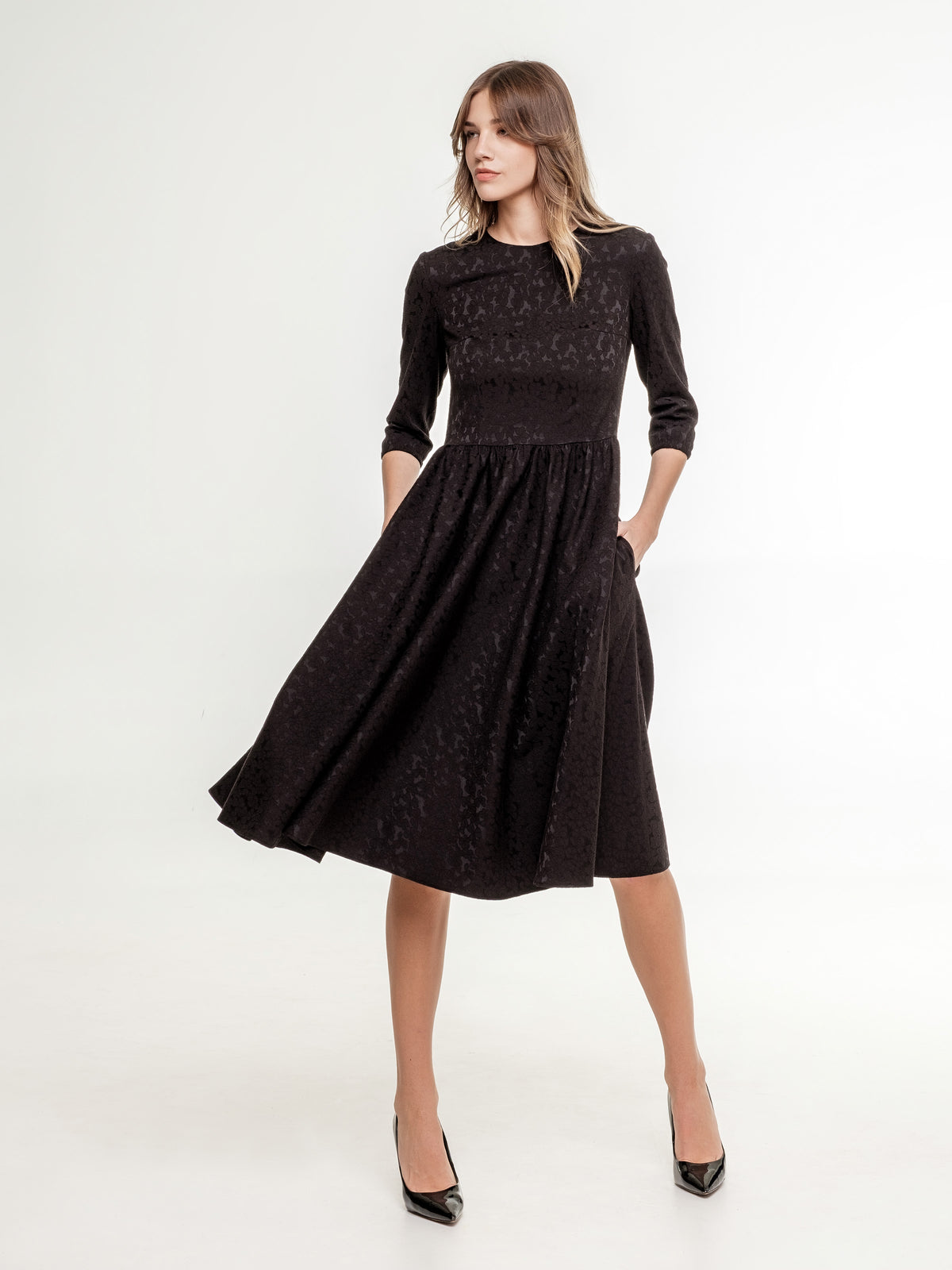 Black midi dress with floral texture