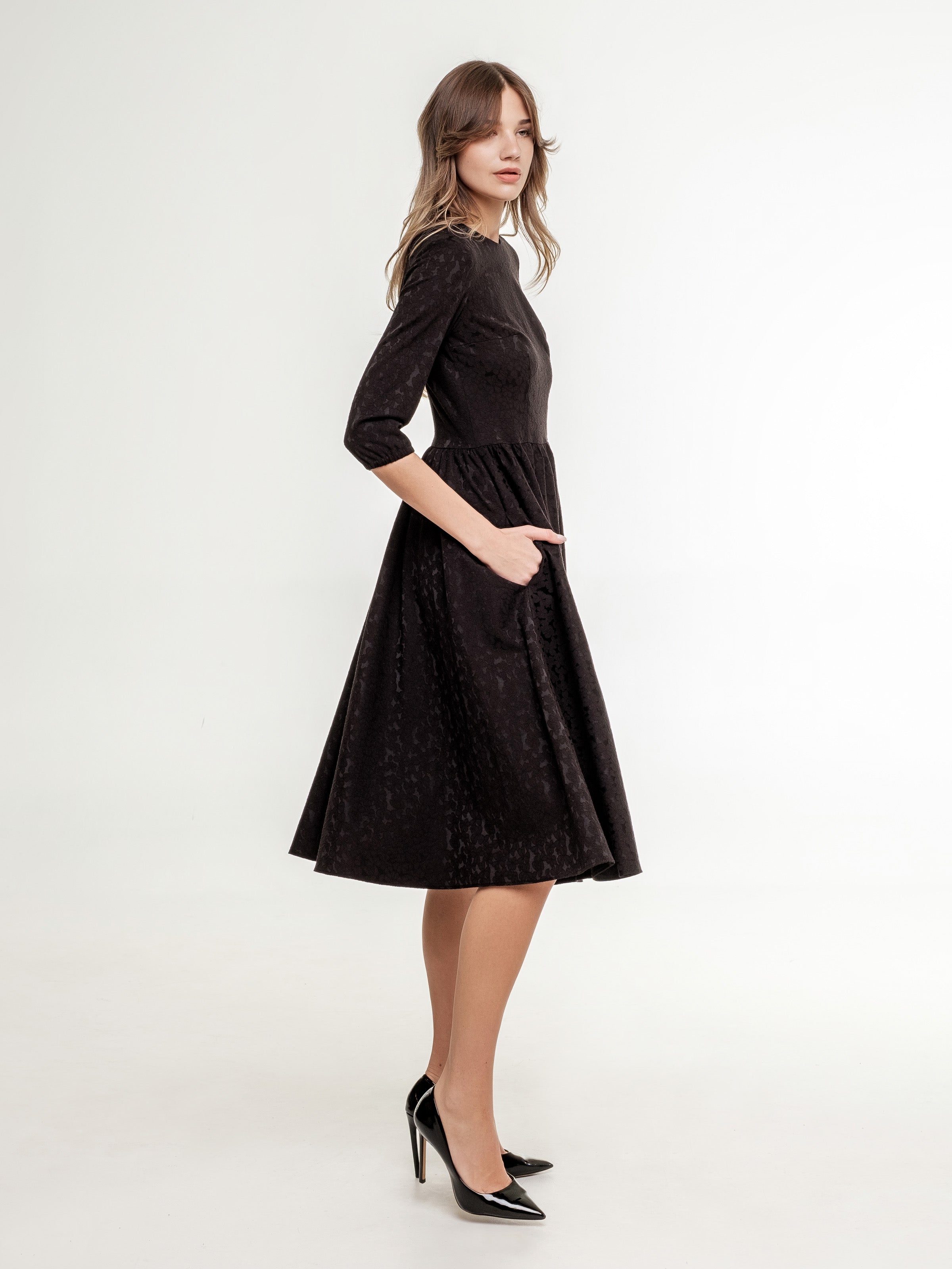 Black midi dress with floral texture Black Swan