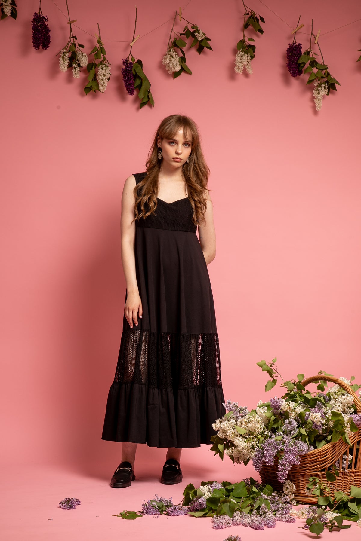 Cotton black dress V-neck and semi-transparent skirt