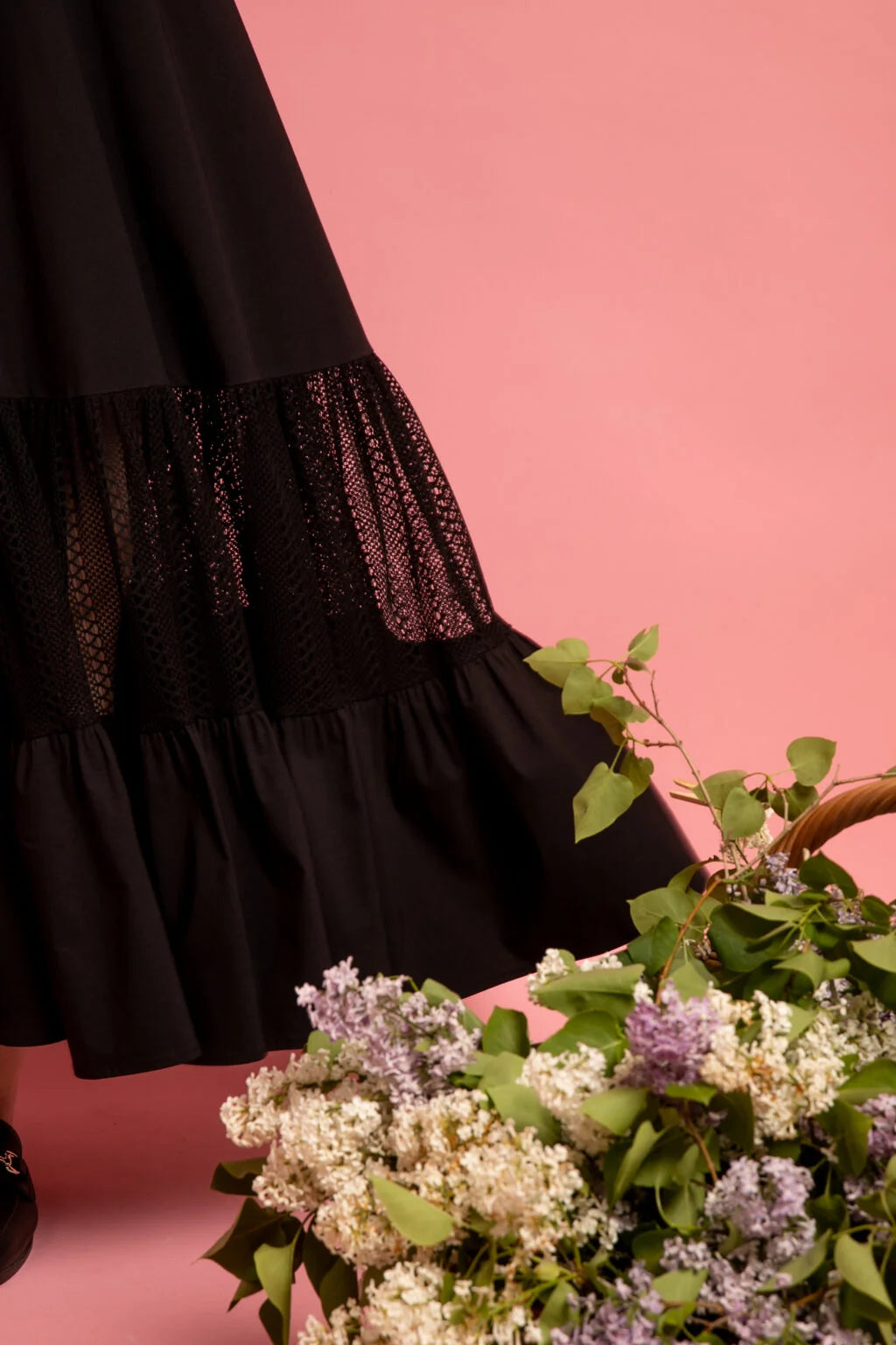 Cotton black dress V-neck and semi-transparent skirt