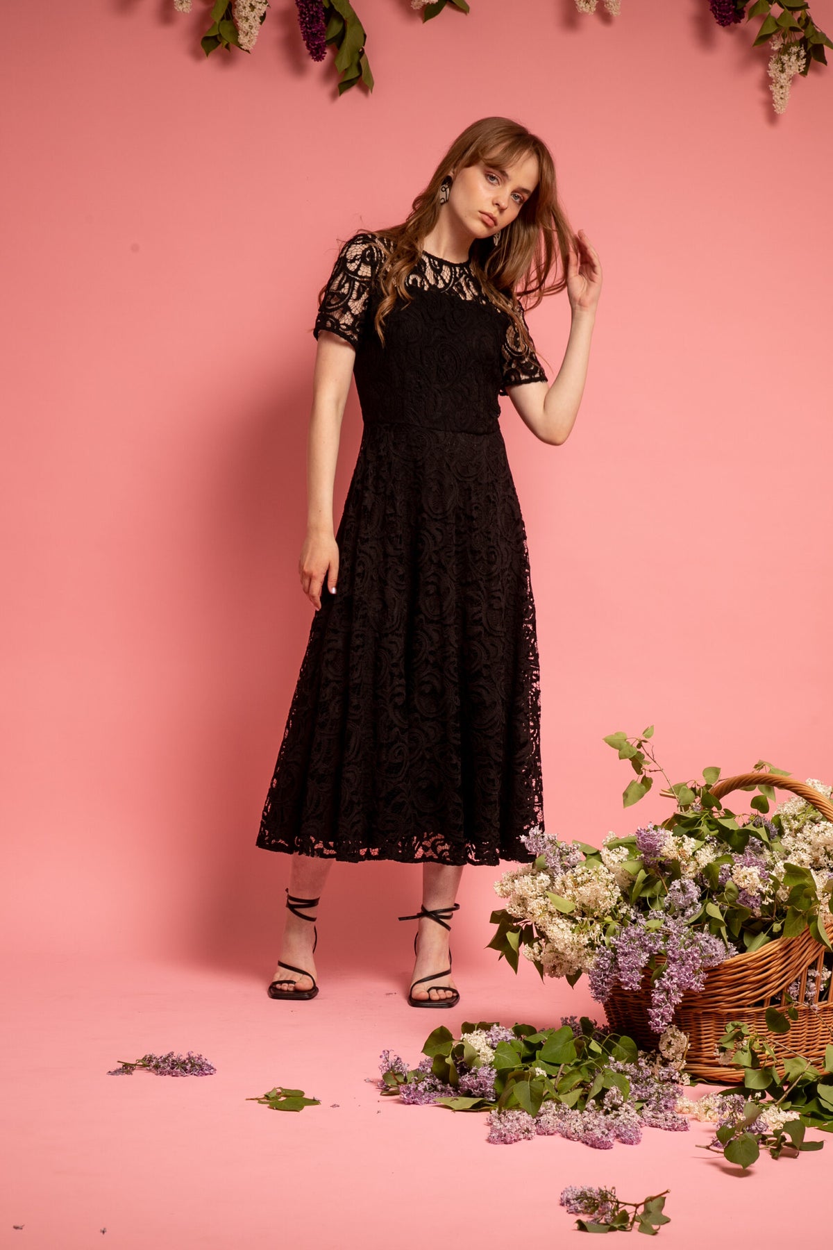 black midi lace dress with black underlining S size short sleeve round neck zipper on the back wide skirt