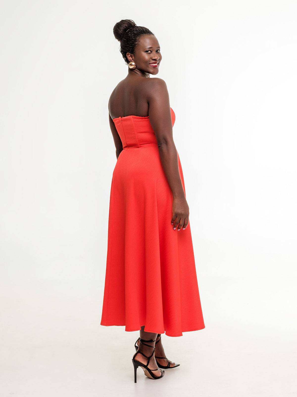 bright red midi occasion dress fitted top back zipper  from the side