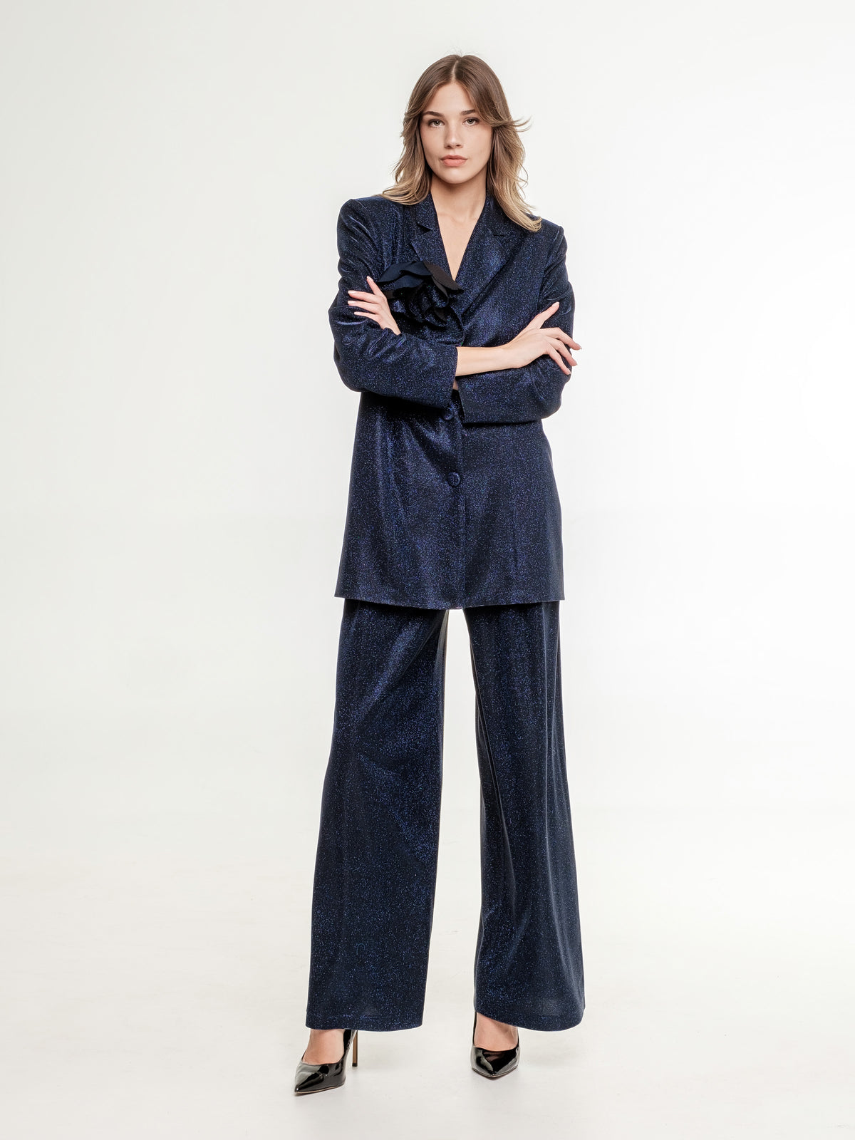 dark blue glitter suit with trouser wide fit female