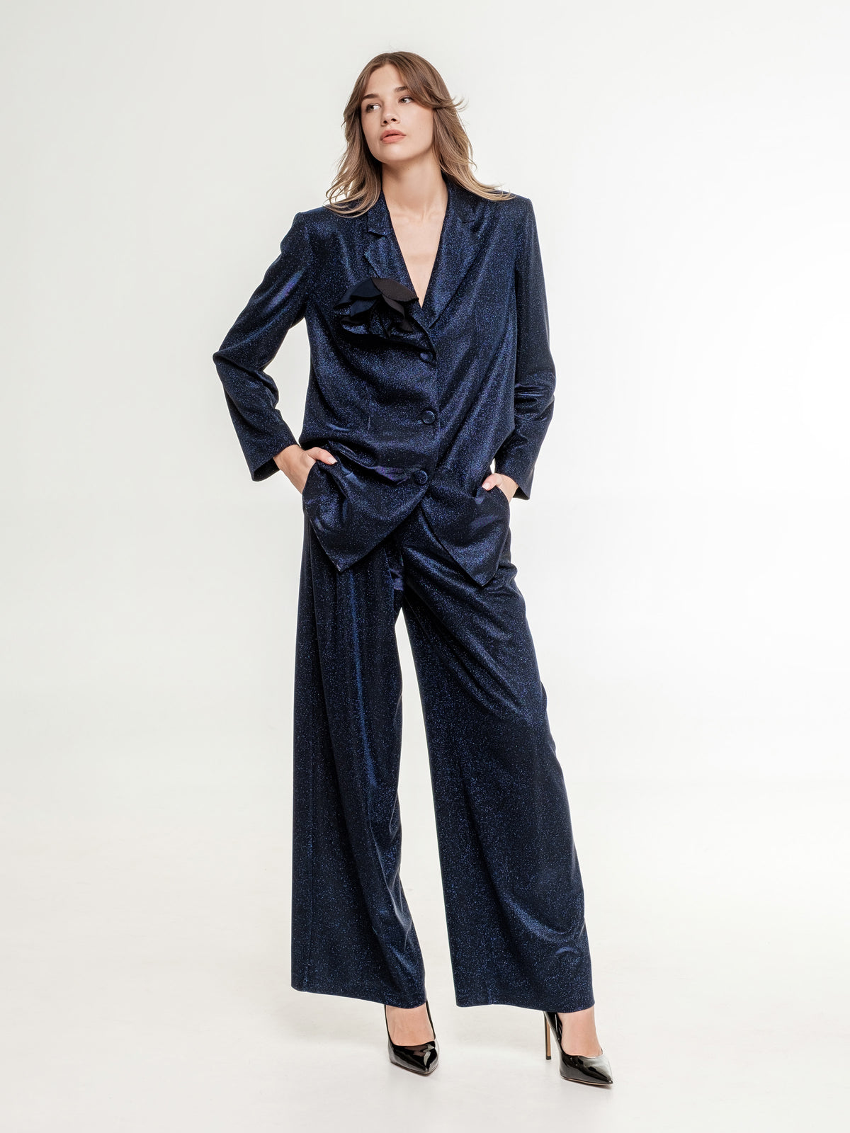 dark blue glitter suit with trouser wide fit female full size