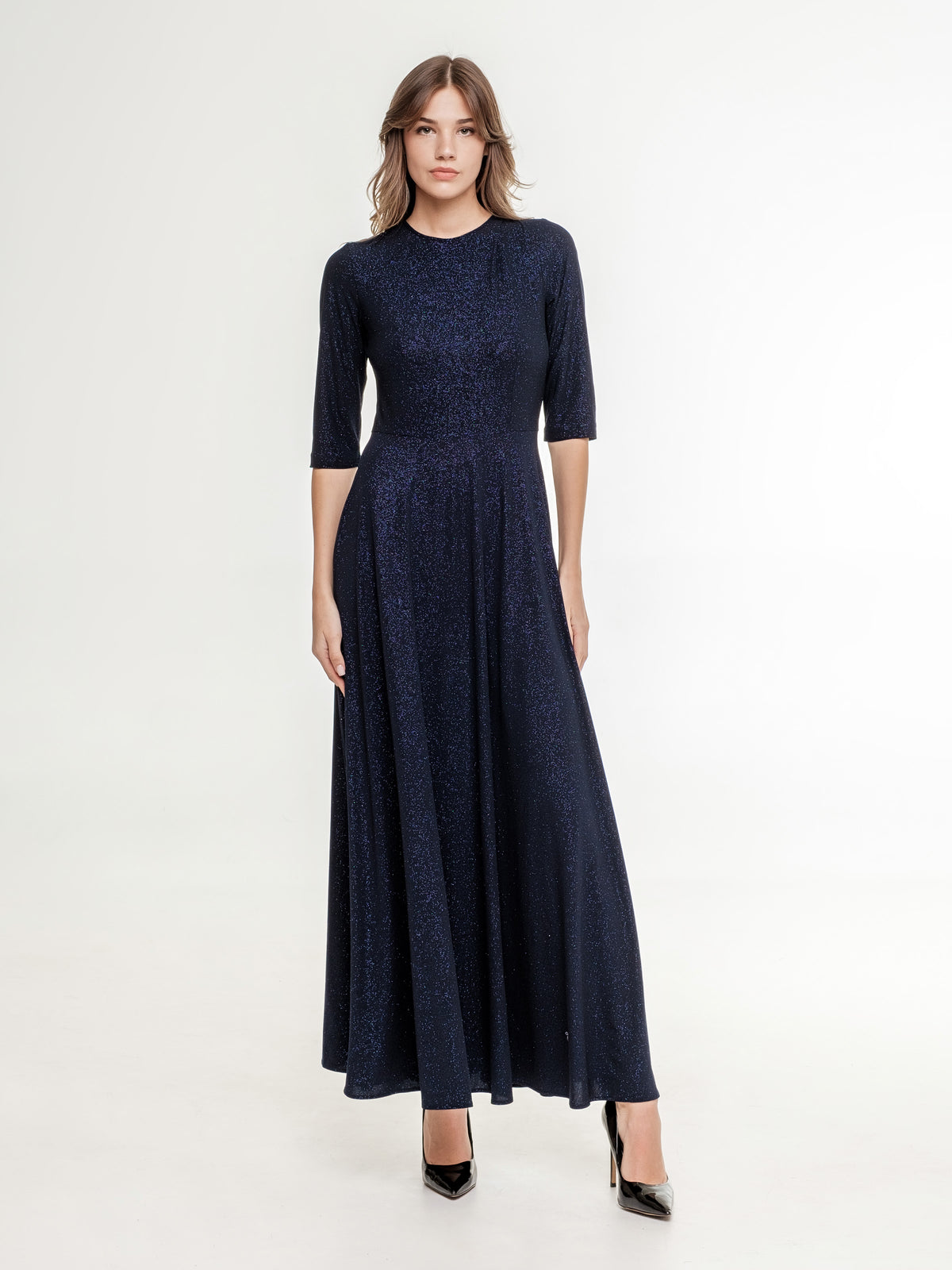 dark blue glittery long dress