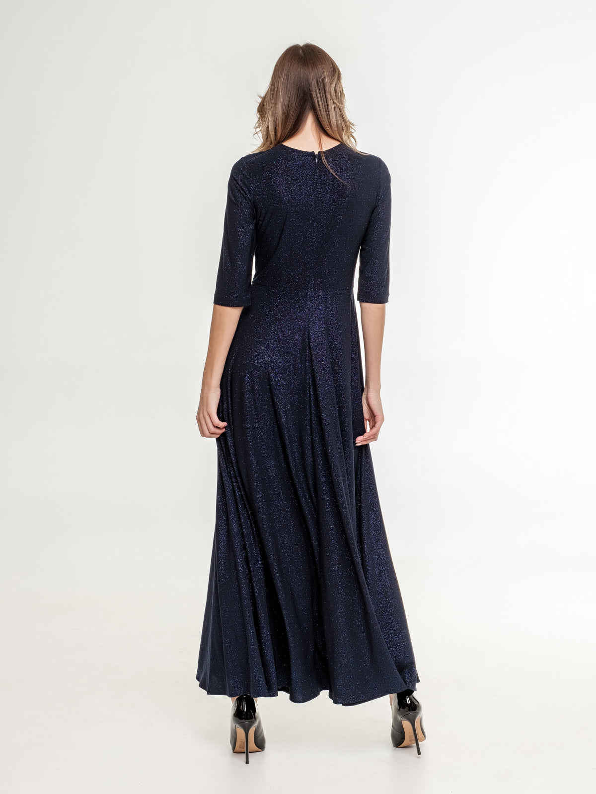 dark blue glittery long dress with back zipper