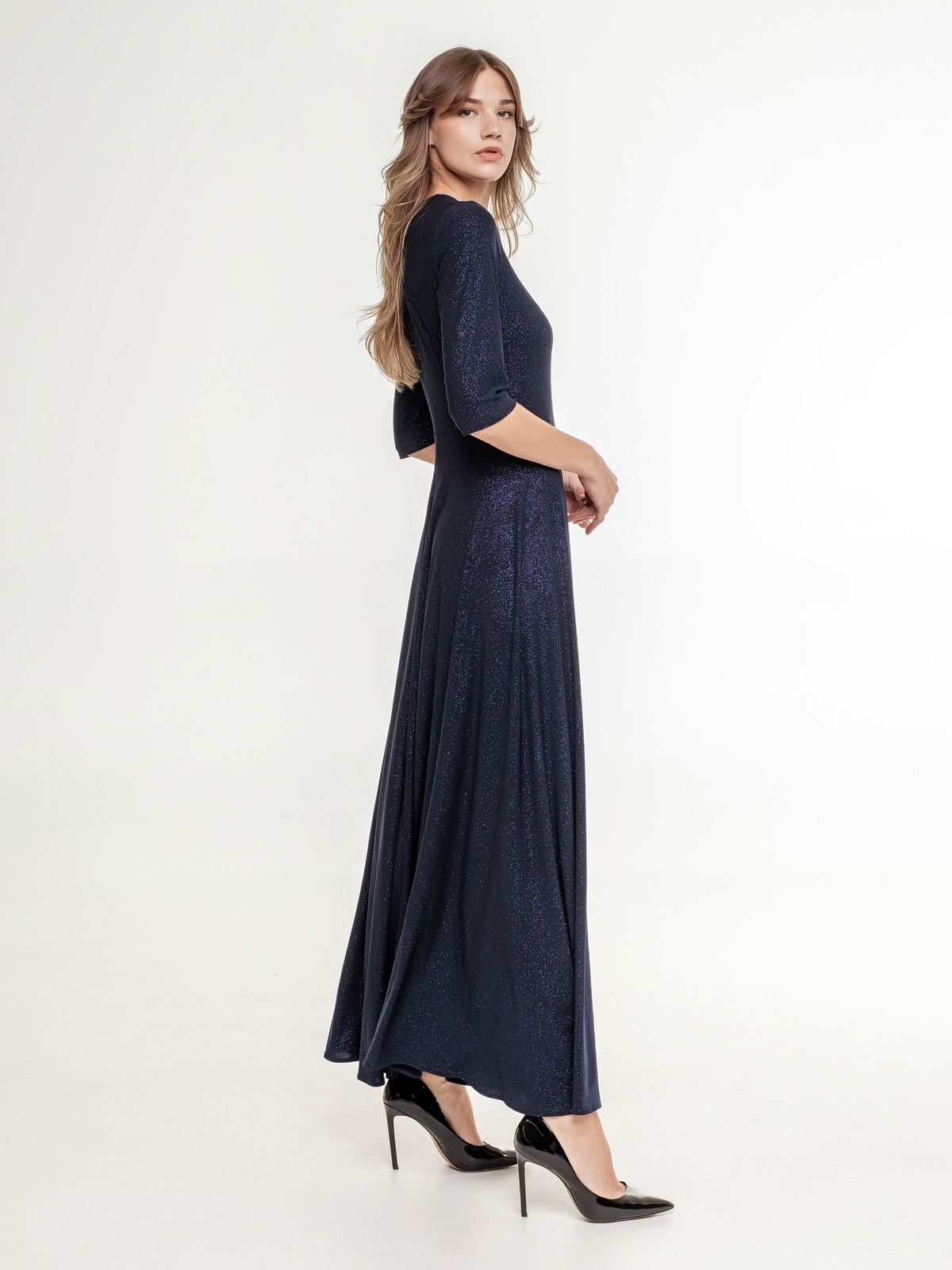 dark blue glittery long dress with back zipper side view