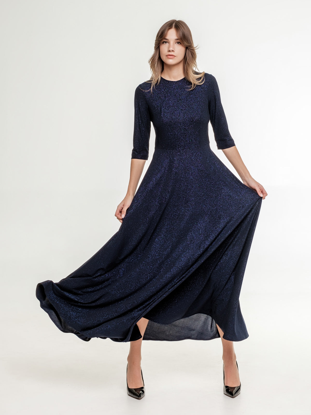 dark blue glittery long dress with back zipper wide skirt with underlining