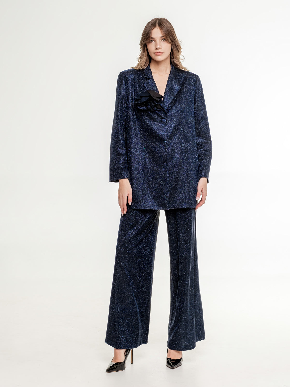 dark blue glittery woman suit