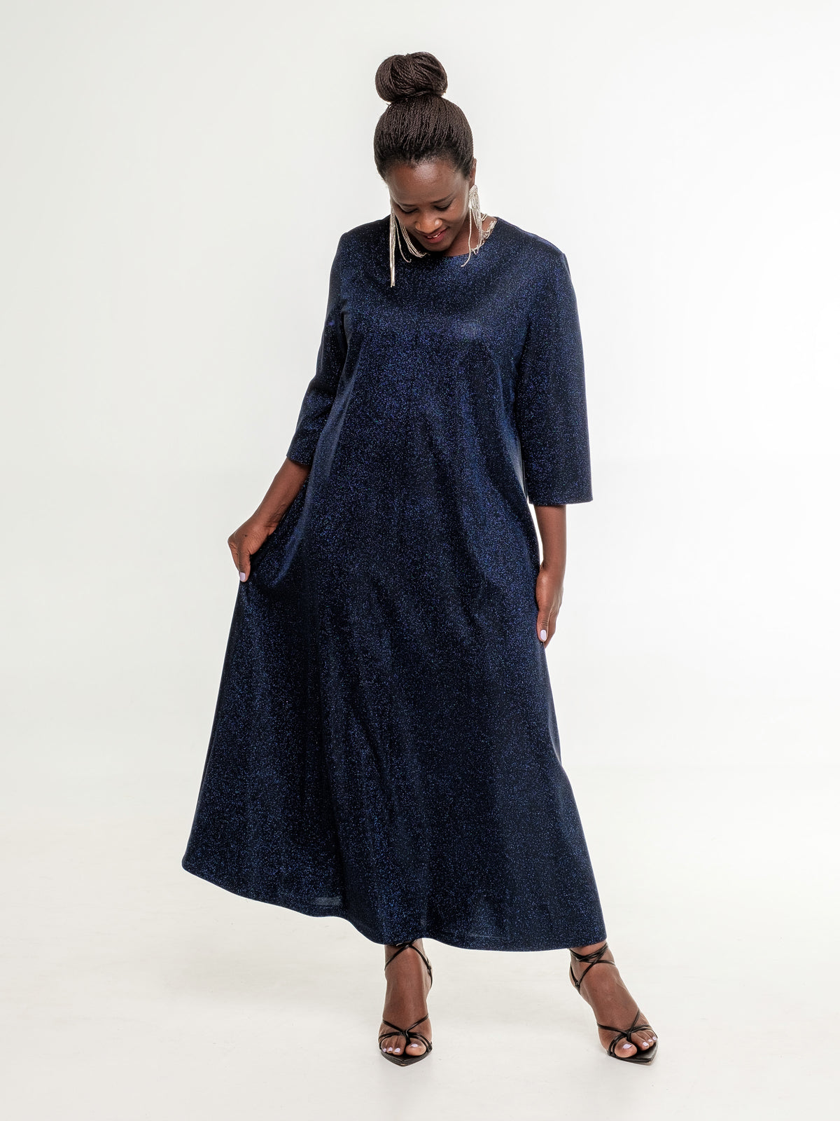 dark blue long glittery occasion dress relaxed fit 3