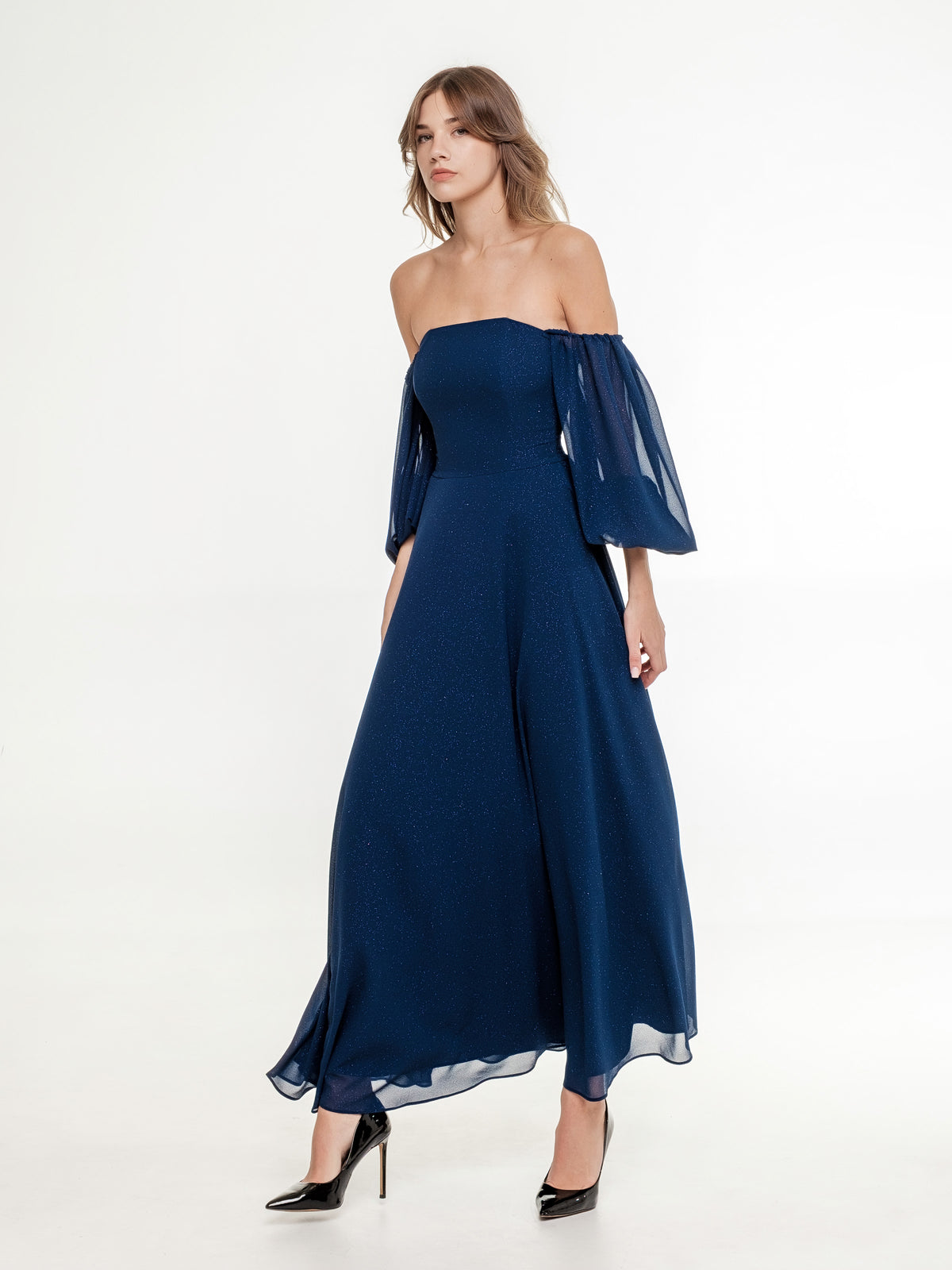 dark marine blue long dress with corset top part open neck line tulle sleeves