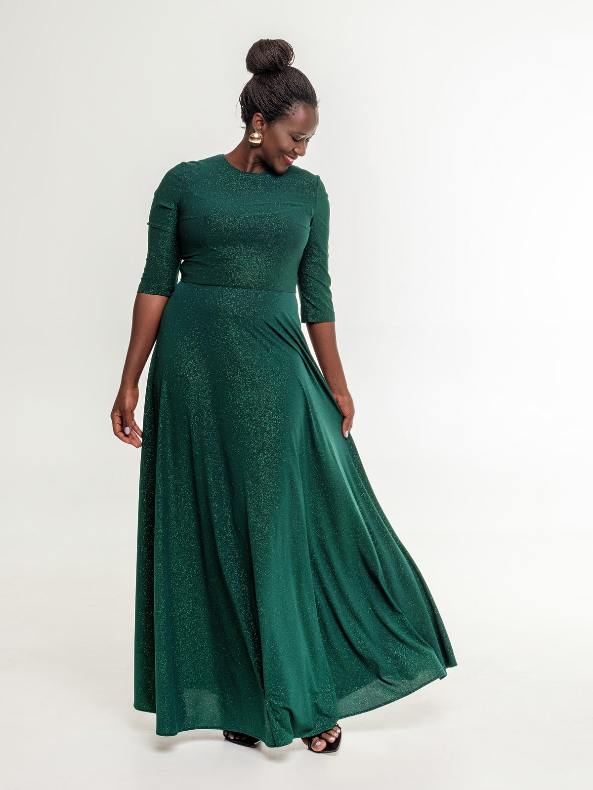 deep green long glittery occasion dress side L size model full size