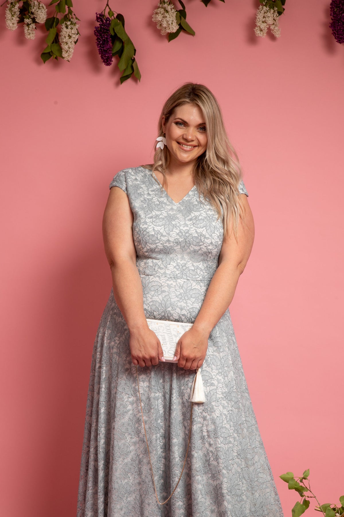grey long lace dress for wedding guests zoom in L size