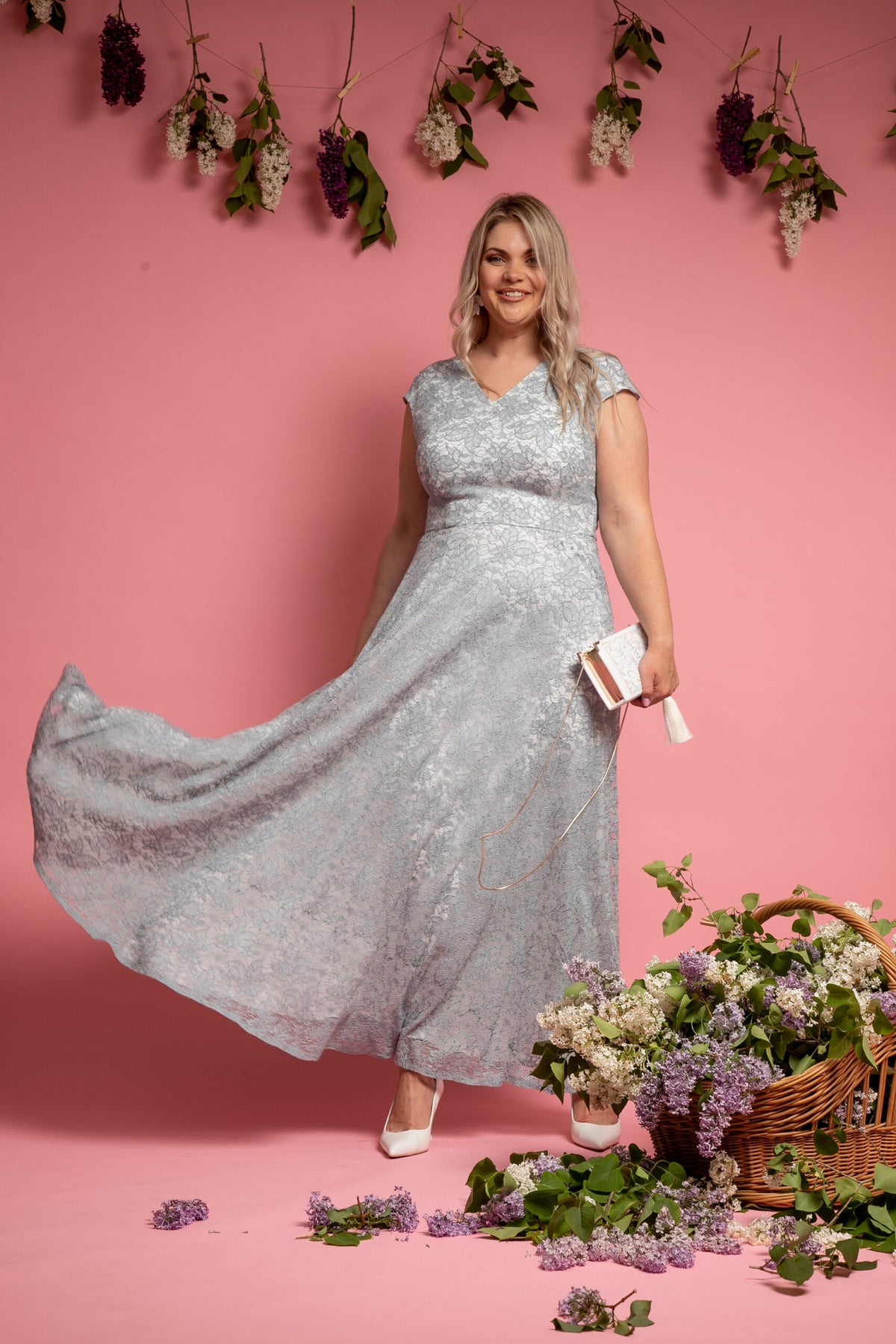 grey long lace dress for wedding guests wide skirt L size