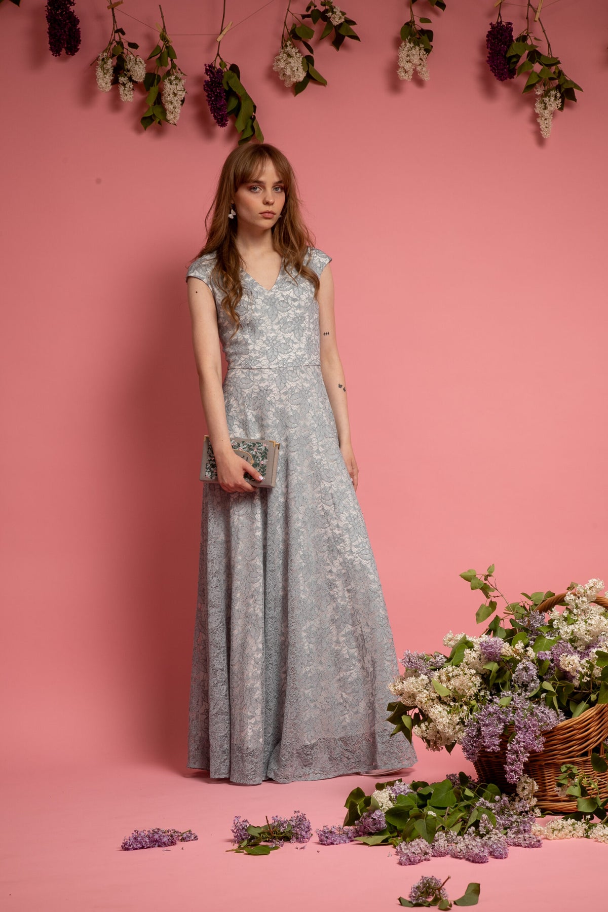 grey long lace dress for wedding guests 