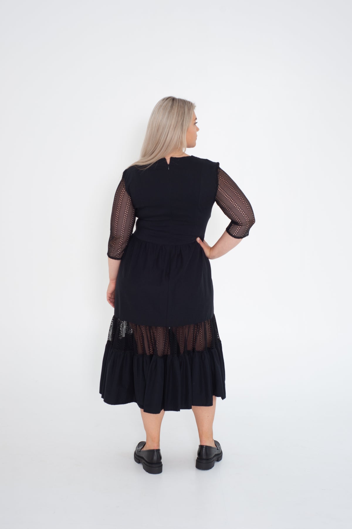 light black dress with semi transparent sleeves L size model back view 