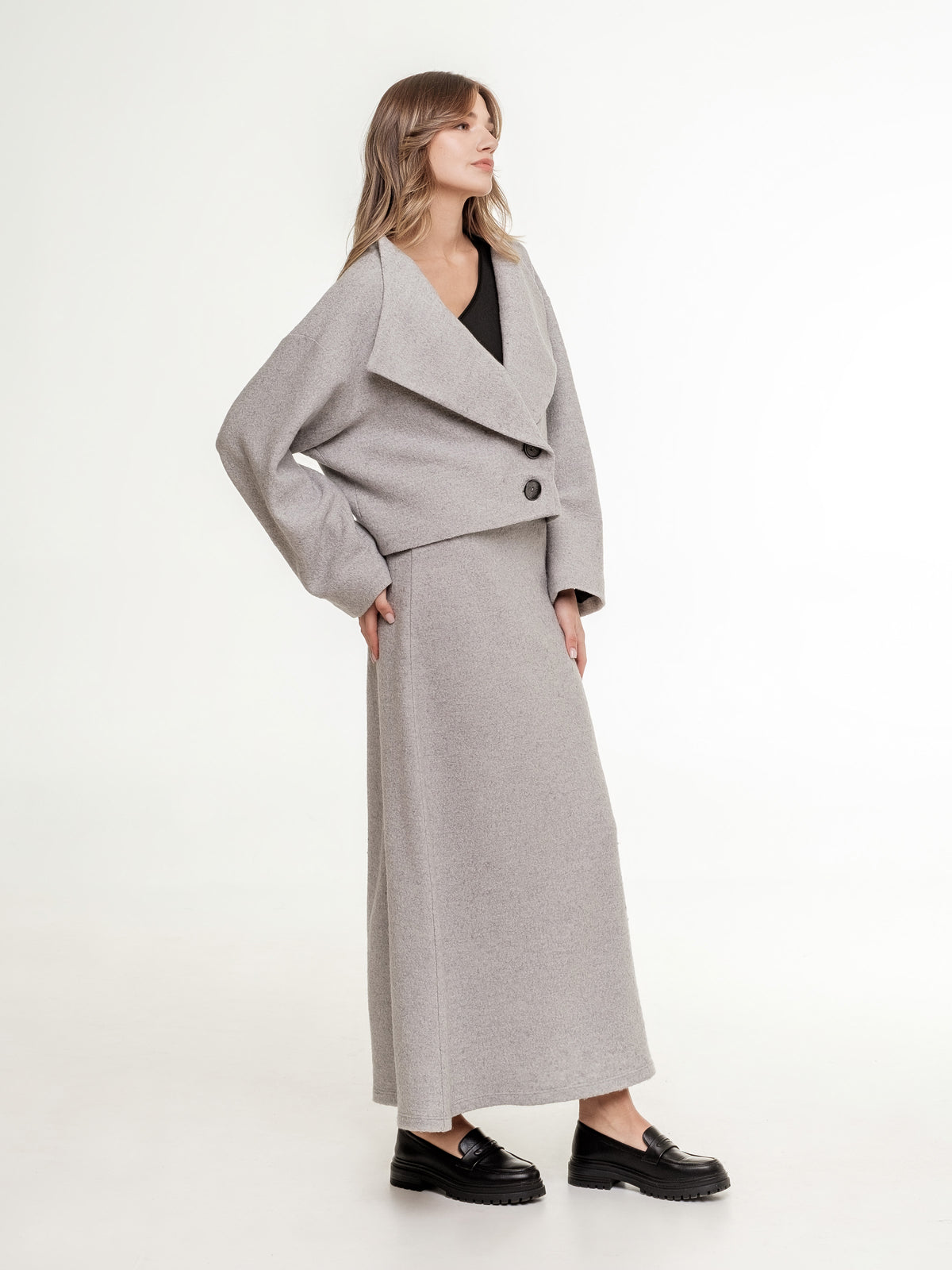 light grey wool set jacket and long skirt view from the side