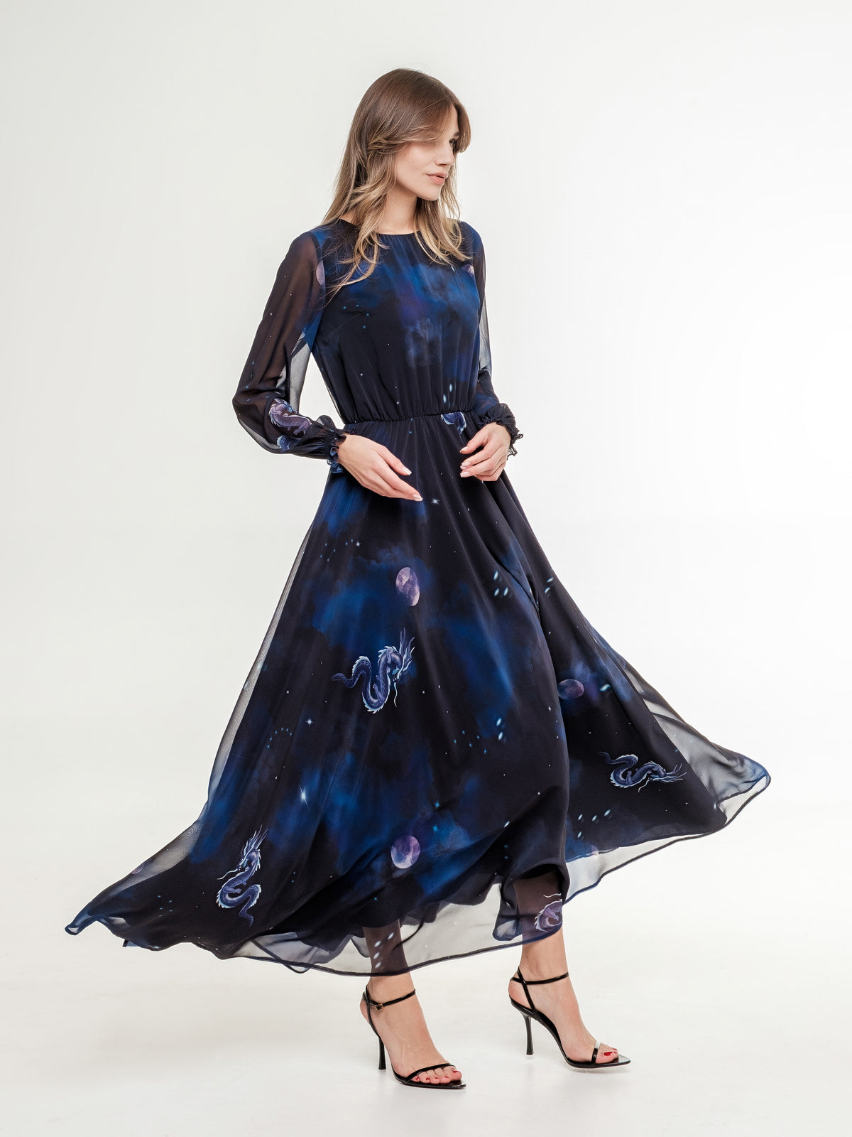 limited edition dragon long dark blue dress with playful wide skirt 