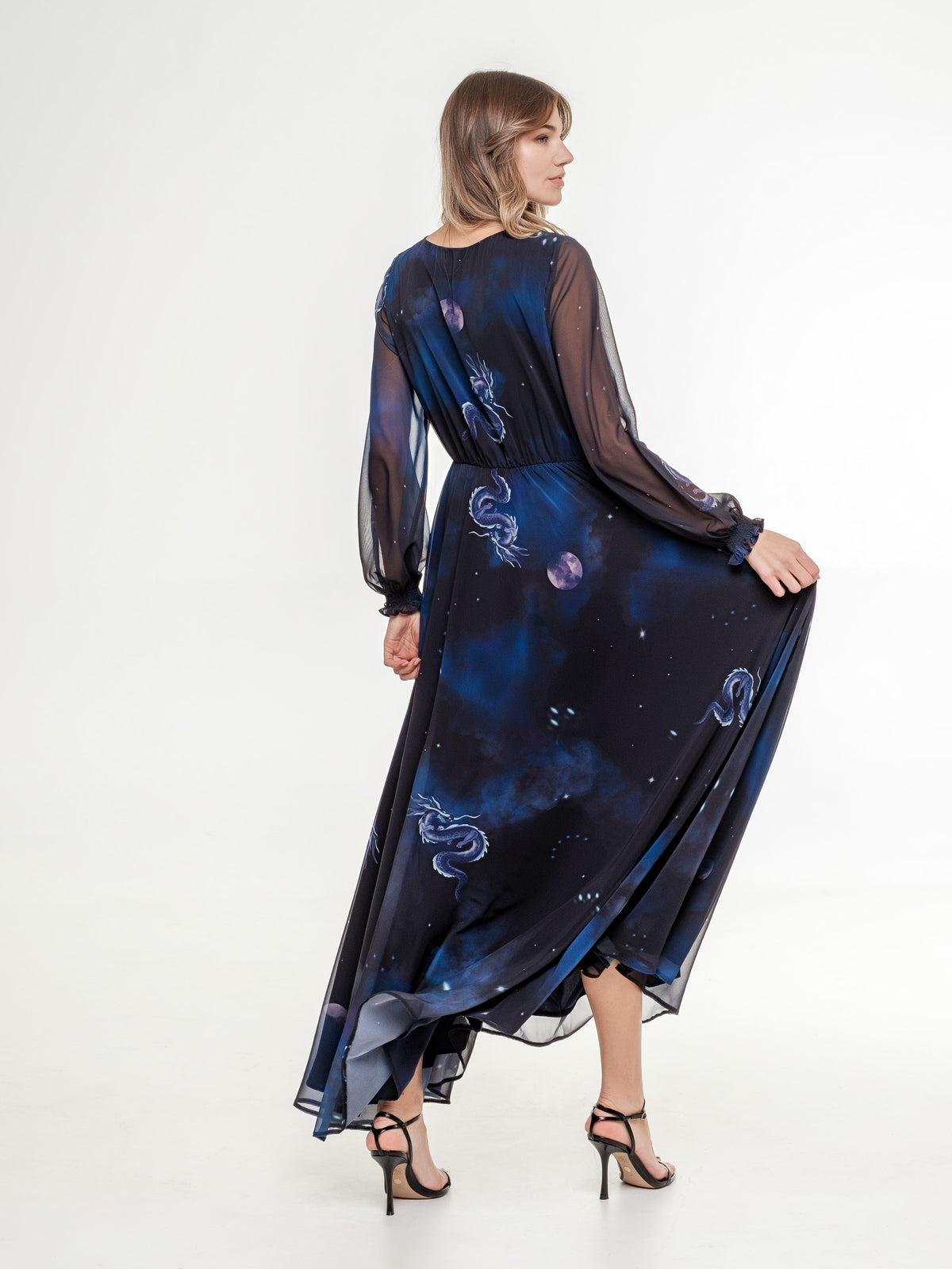limited edition dragon long dark blue dress from the back