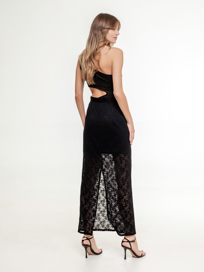 long black semi transparent skirt with a cut in the back A shape fitted 