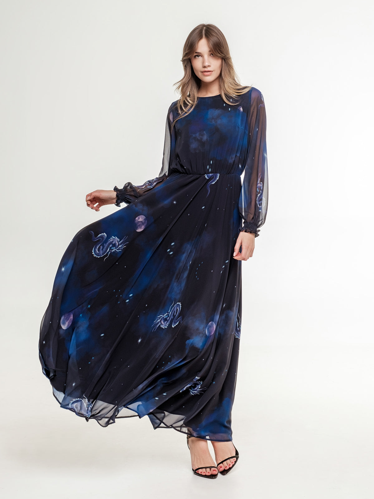 long dark blue dress with playful wide skirt office dress limited edition print