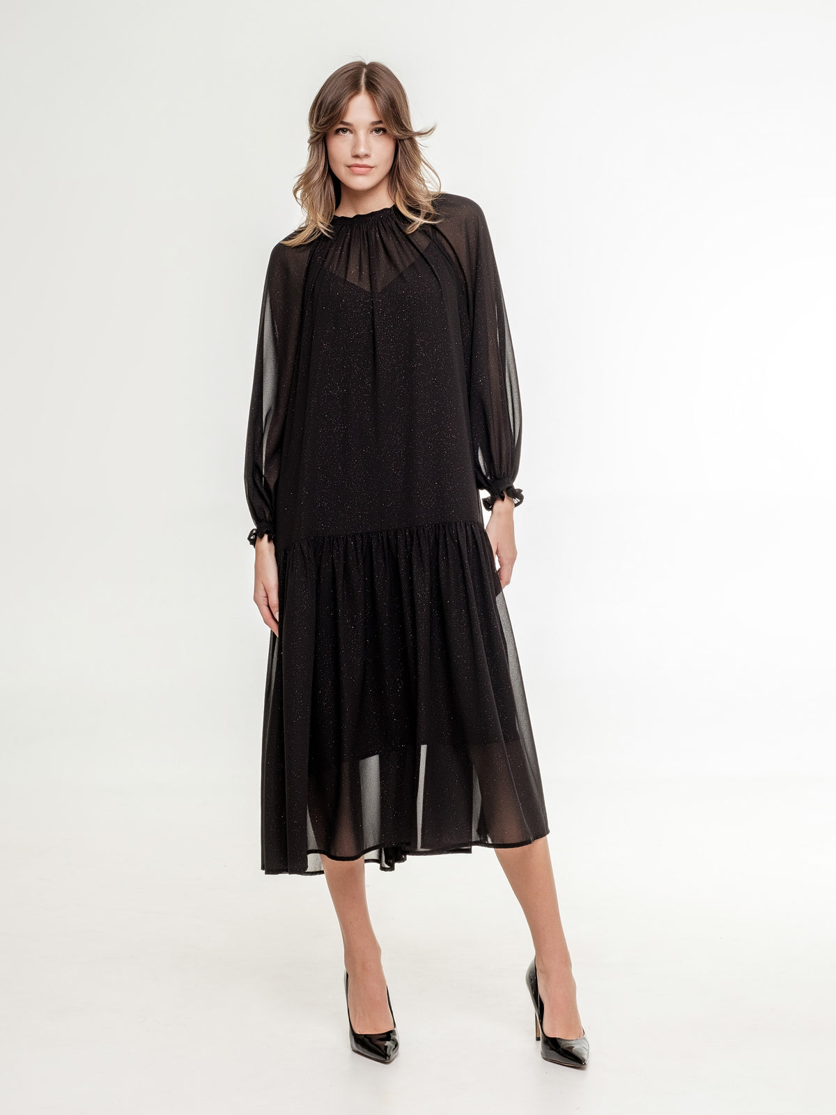 midi elegant black dress with long transparent sleeves from the front