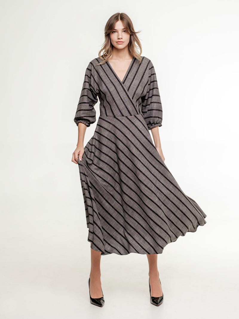 midi grey stripped dress wide skirt 