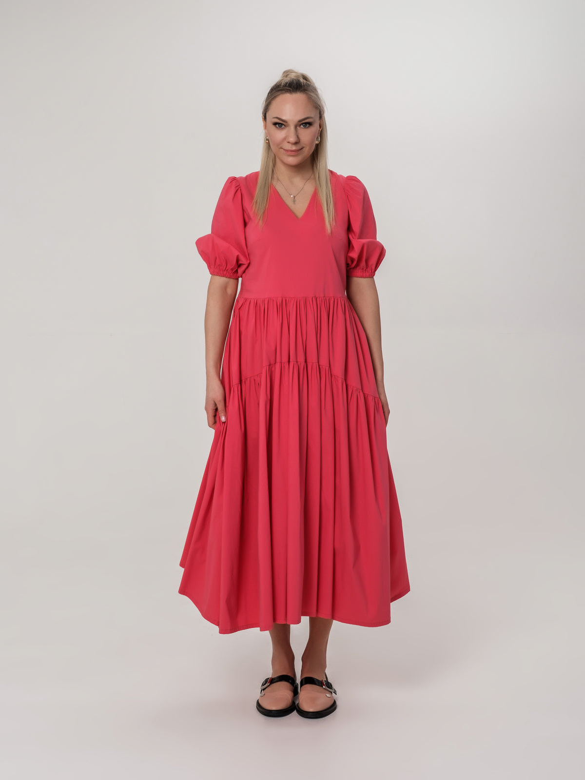 Cotton long bright coral pink summer dress with puff sleeves