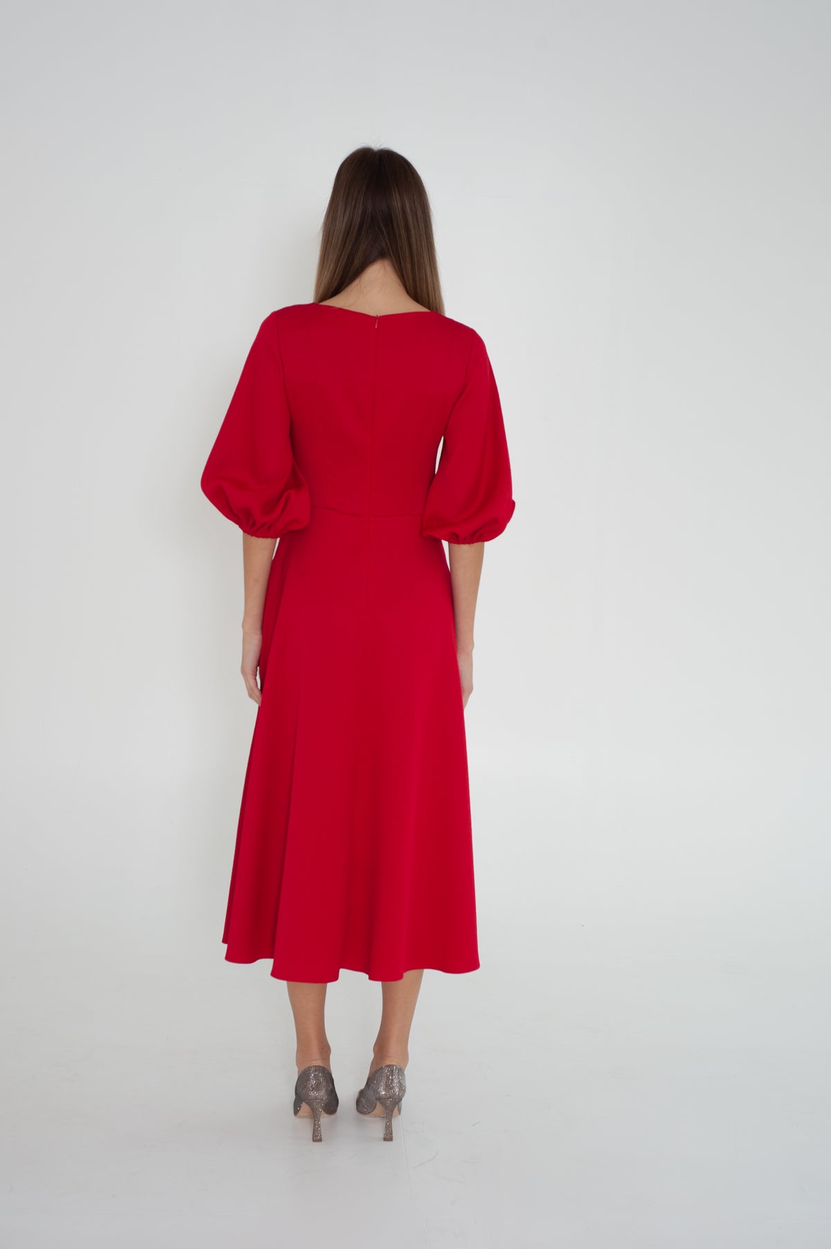 red elegant occasion dress puffy medium long sleeves back view