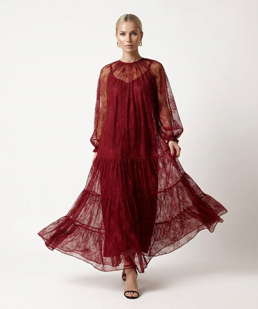 Red lace maxi dress