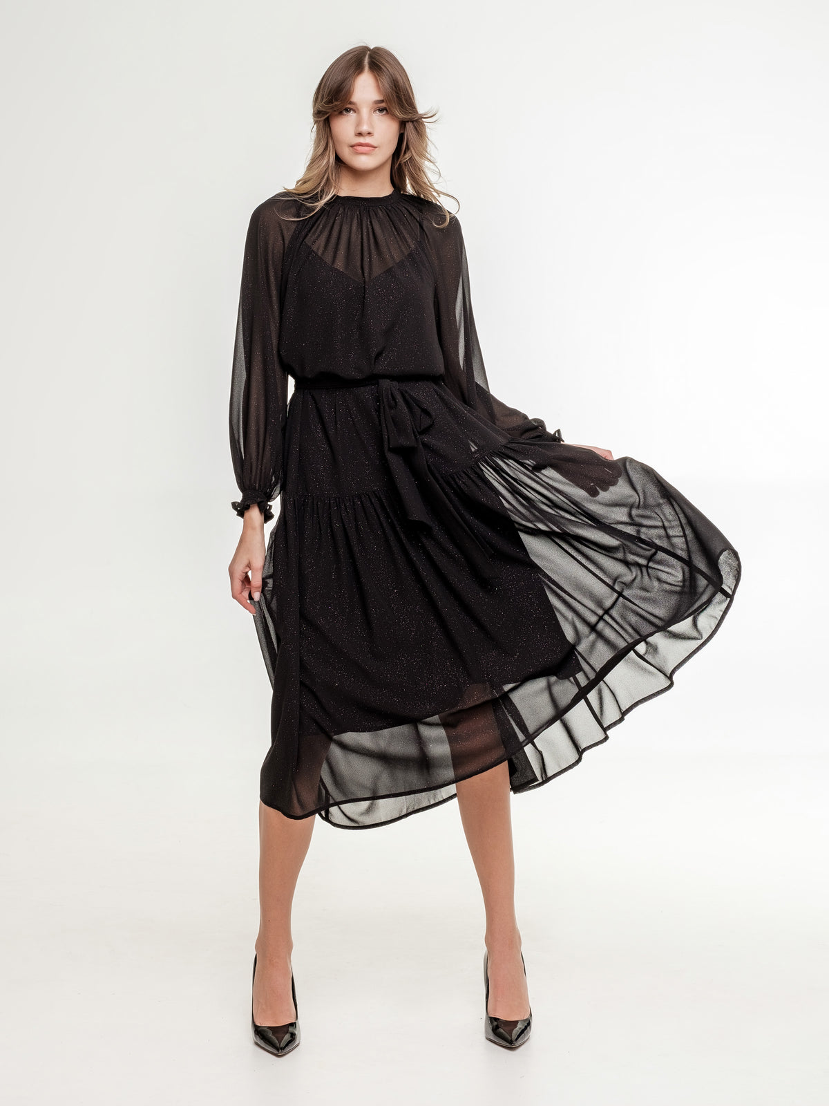 elegant black midi dress with belt wide fit 