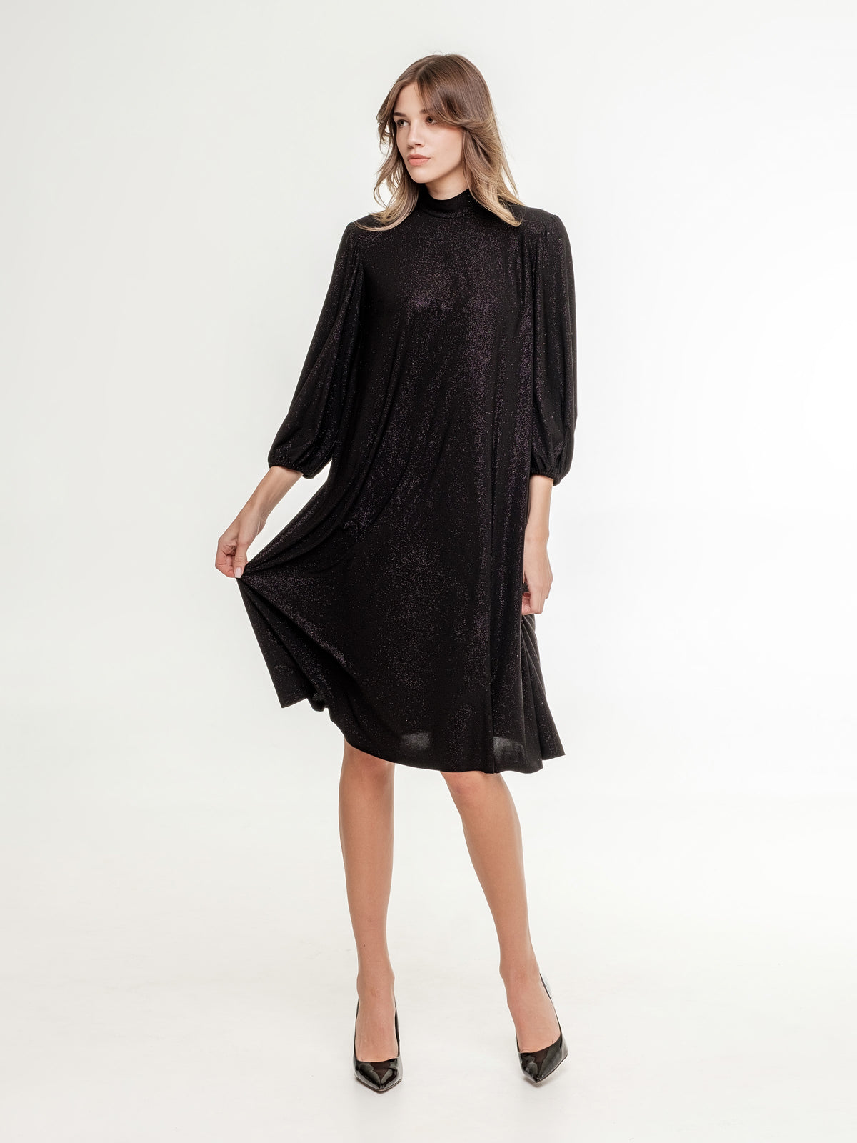 short_glossy_black_dress_with_high_neck_line 3/4 sleeves front view